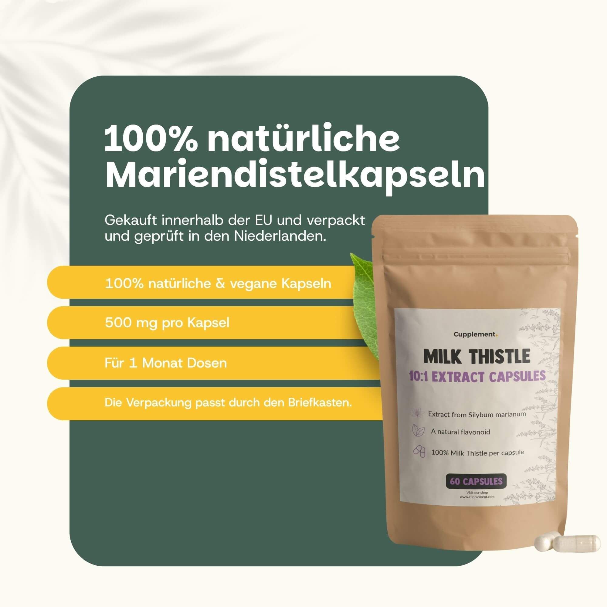 Braune Tüte mit Text: Milk Thistle 10:1 Extract Capsules. 60 Kapseln. Text: 100% natürliche & vegane Kapseln.