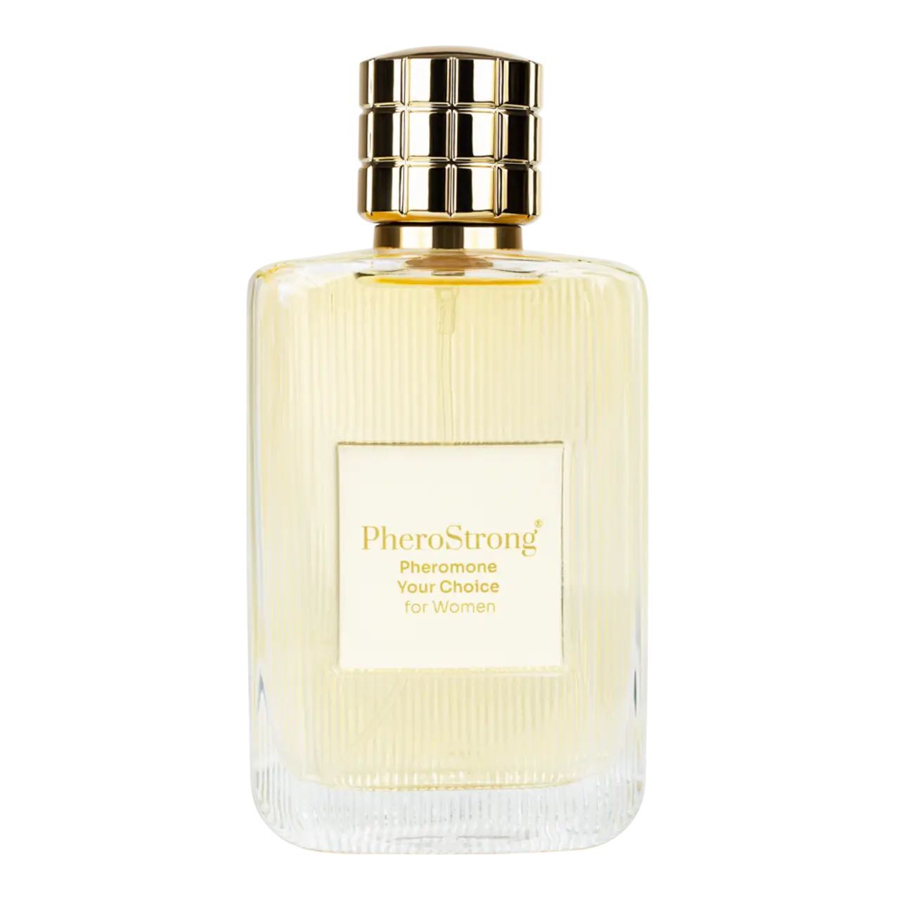 Parfümflasche mit goldfarbenem Verschluss und quadratischem Etikett. Flasche mit geriffelter Oberfläche.