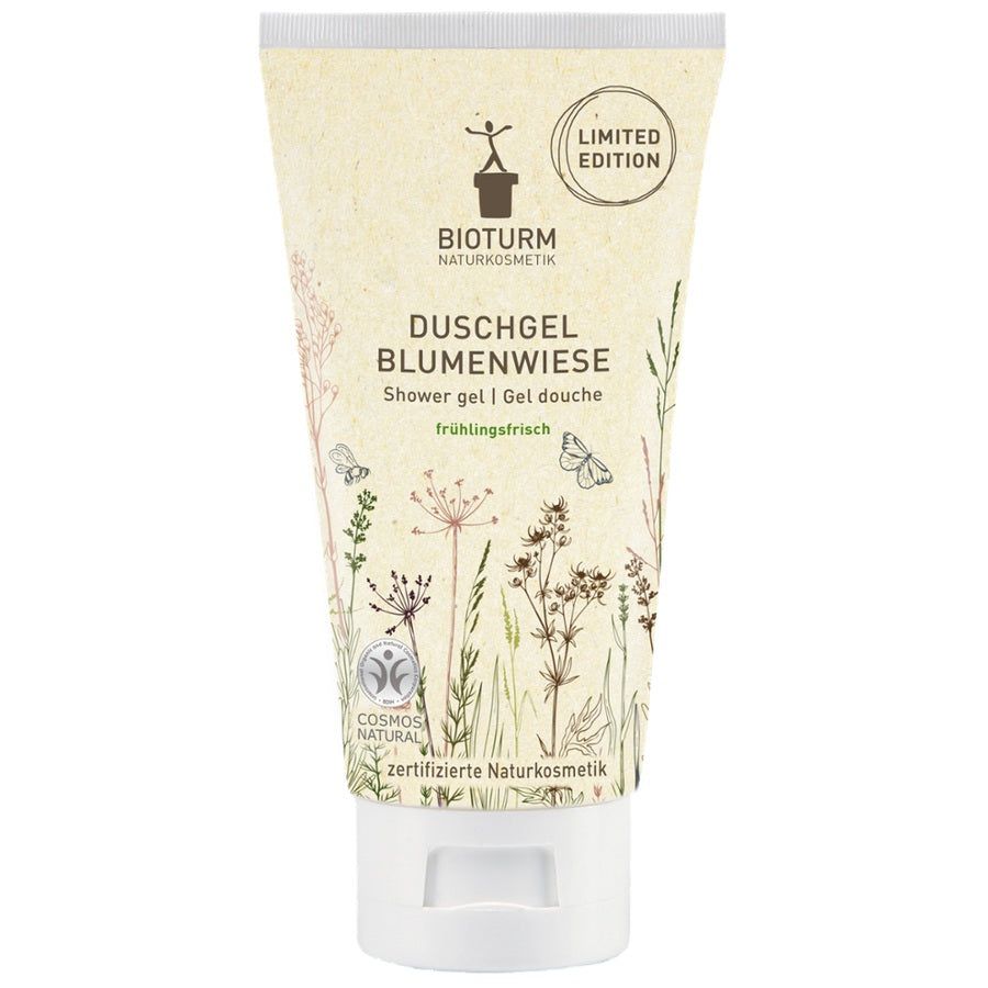 Tube Duschgel Blumenwiese, Limited Edition. Aufschrift: BIOTURM, COSMOS NATURAL, zertifizierte Naturkosmetik. Illustrationen von Blumen und Schmetterlingen.