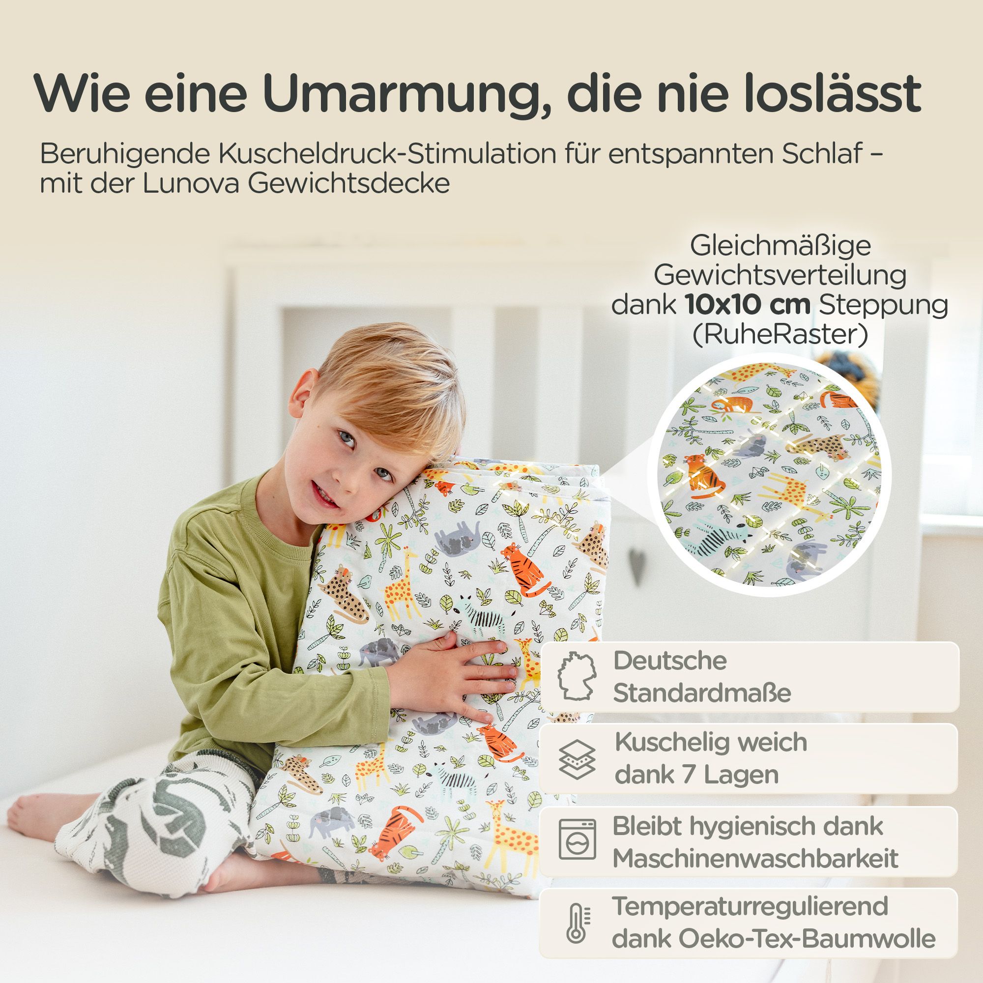 LUNOVA Gewichtsdecke Kinder 2kg Tierwelt 90x120cm - Oekotex-Baumwolle Therapiedecke WeightedBlanket