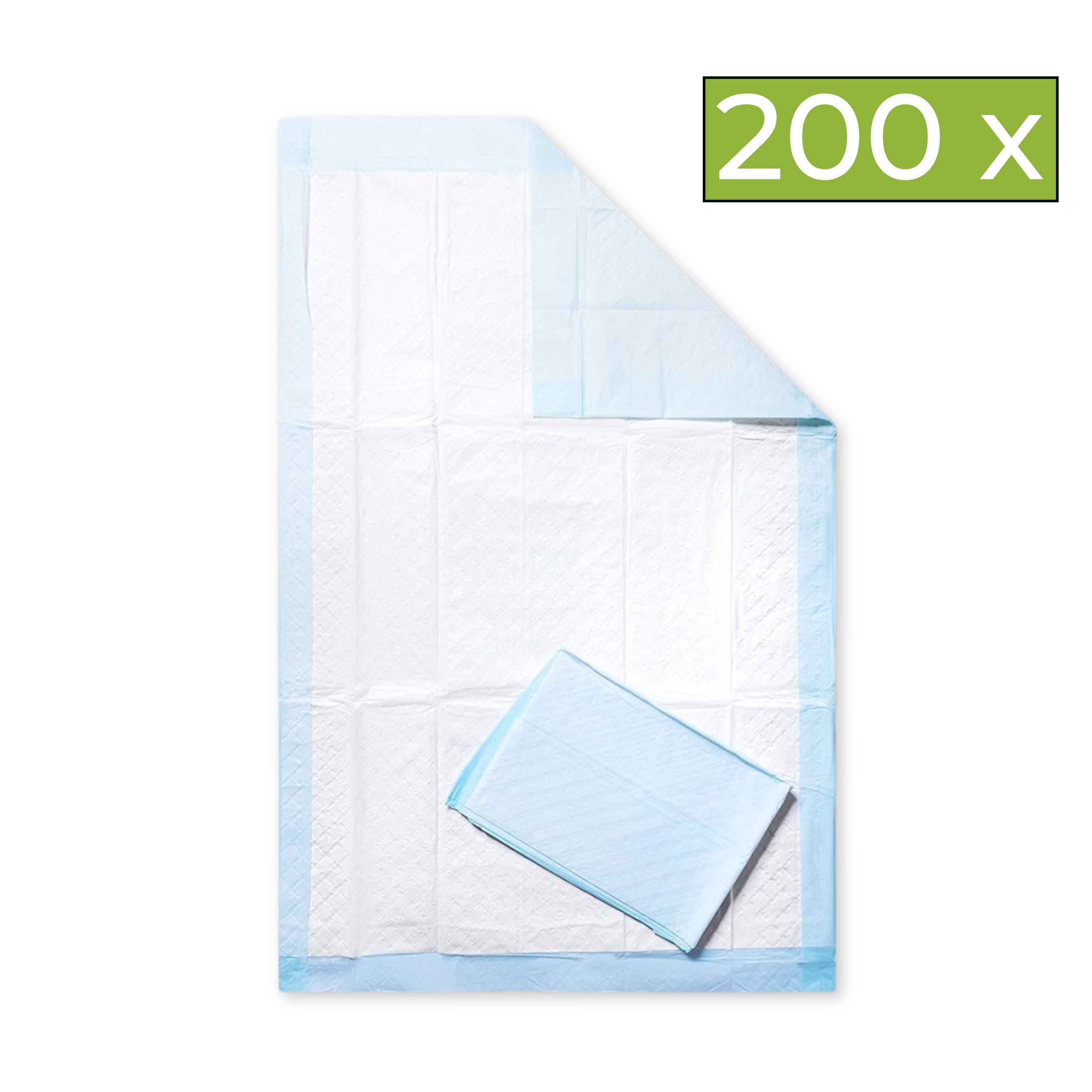 Krankenunterlage mit blauem Rand und weißer Oberfläche. Oben rechts: "200 x". Eine einzelne Unterlage liegt daneben.