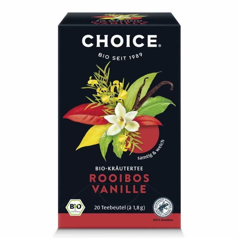 Schwarze Verpackung mit CHOICE-Logo, Kräutertee Rooibos Vanille. Abbildung von Blüten, Blättern und Vanilleschoten. 20 Teebeutel.