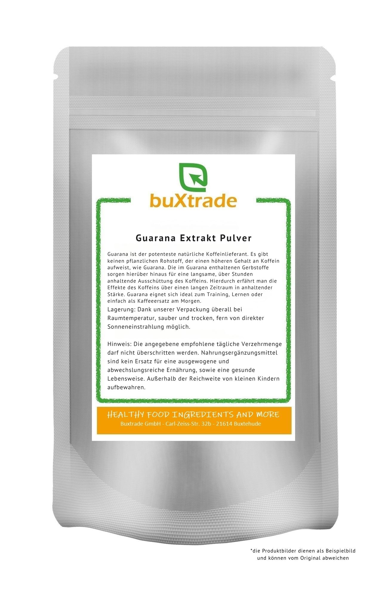 Bequemer Beutel mit buxtrade Guarana Extrakt Pulver. Enthält detaillierte Produktinformationen auf dem Etikett.
