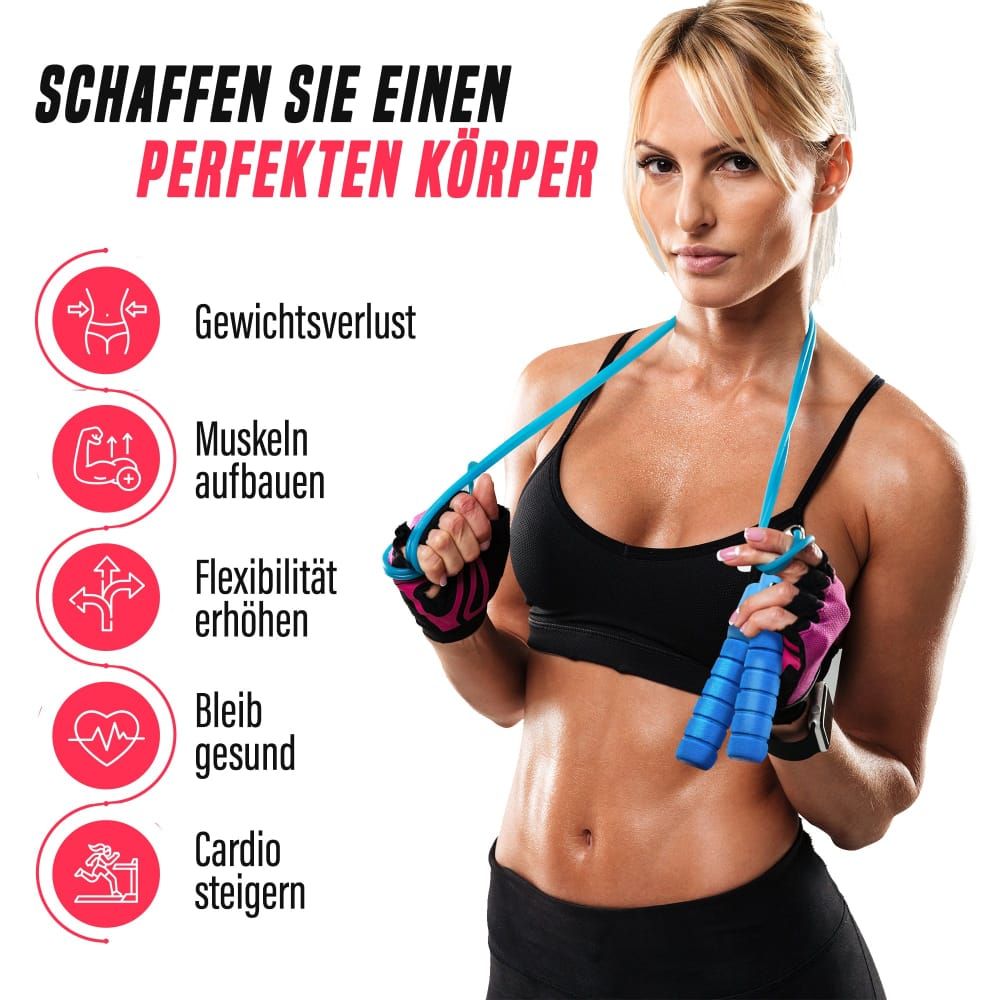 Frau hält blaues Springseil. Text: Schaffen Sie einen perfekten Körper. Icons: Gewichtsverlust, Muskeln aufbauen, Flexibilität erhöhen, gesund bleiben, Cardio steigern.