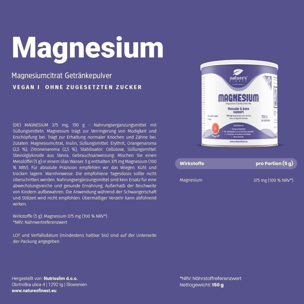 Produktbeschreibung "Magnesium". 150g, 375 mg Magnesium pro Portion. Vegan. Ohne Zuckerzusatz. Nährwertangaben. Dose im Hintergrund.