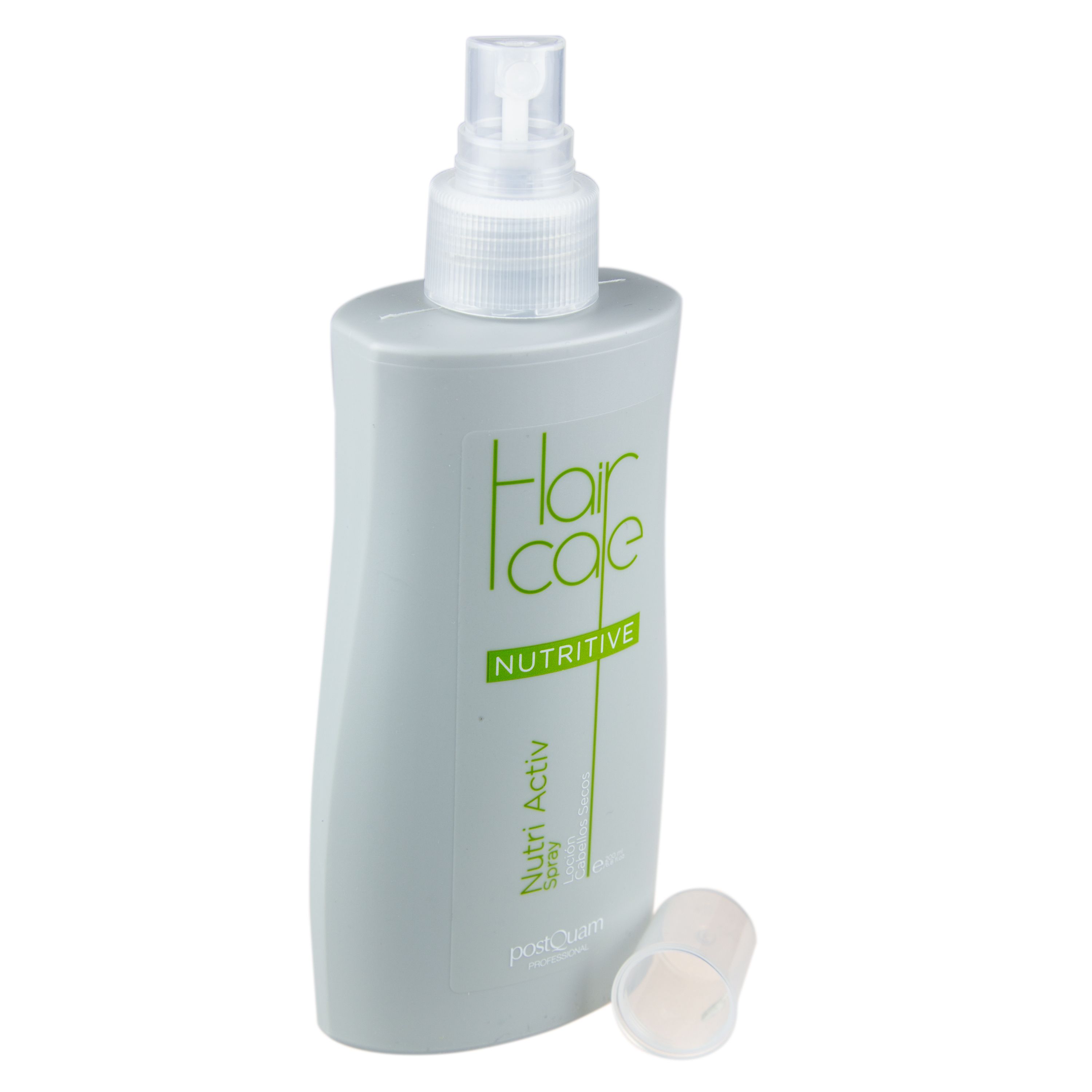 Graue Sprühflasche mit weißem Sprühkopf und Kappe. Aufschrift: Hair Care Nutritive Spray, Postquam.