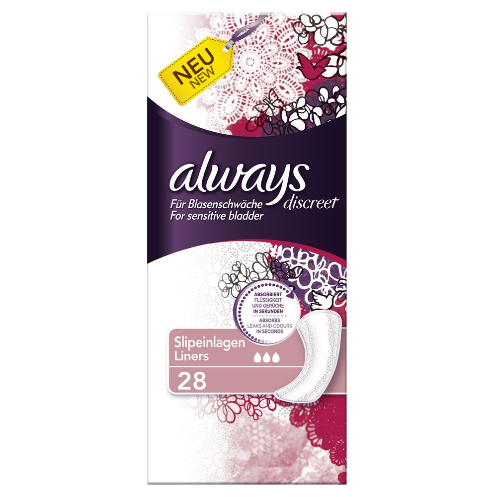 Verpackung von Always Discreet Slipeinlagen. Aufschrift: Always Discreet, Für Blasenschwäche, 28 Stück. Mit Produktabbildung.