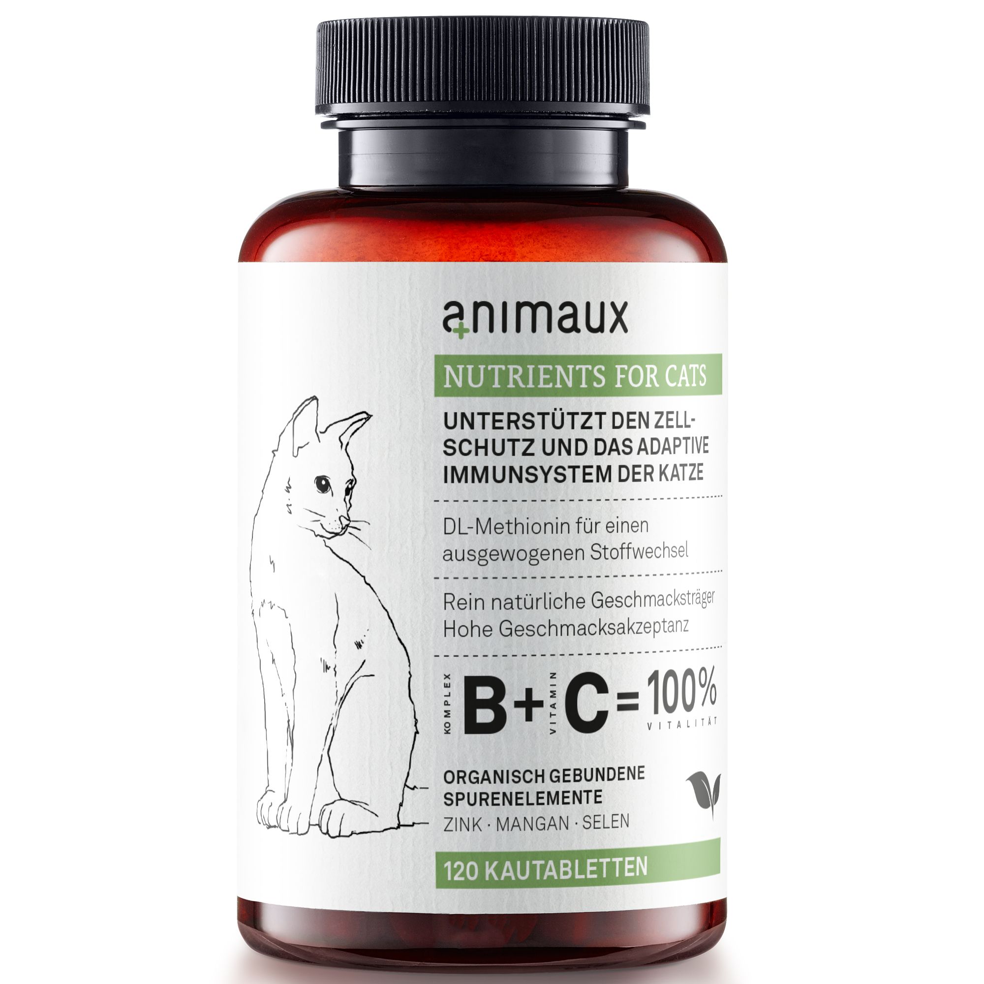 Braune Flasche mit 120 Kautabletten für Katzen. Enthält Vitamine B+C und Spurenelemente.