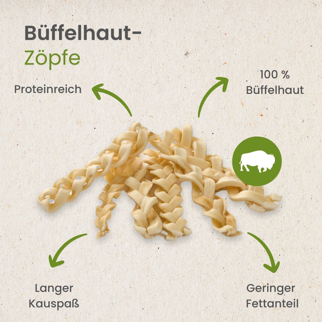 Geflochtene Büffelhaut-Zöpfe, 100% Büffelhaut, proteinreich, geringer Fettanteil.