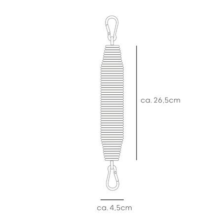 Zeichnung einer Metallfeder mit Karabinern. Beschriftung: ca. 26,5 cm und ca. 4,5 cm.