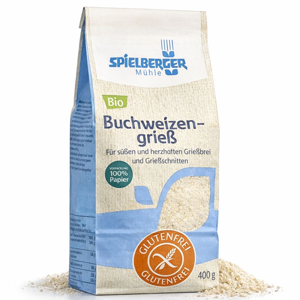 Spielberger Buchweizengrieß Bio, glutenfrei, 400g Packung mit Siegel. 100% Papier Verpackung.