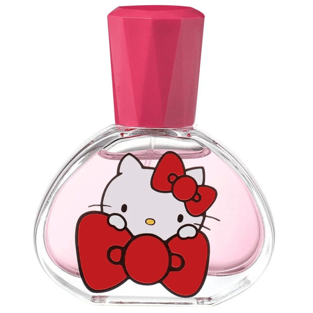 Parfümflakon mit Hello Kitty-Design. Rosa Flüssigkeit, roter Verschluss. Hello Kitty-Figur auf dem Flakon.