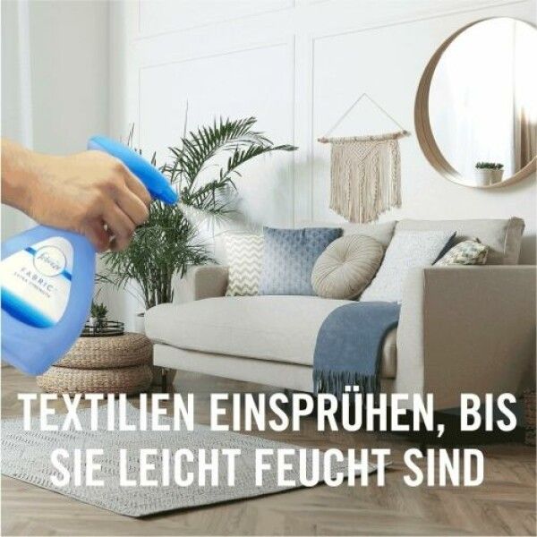 Hand hält blaue Sprühflasche. Text: Textilien einsprühen, bis sie leicht feucht sind. Hintergrund: Sofa, Spiegel, Pflanzen.