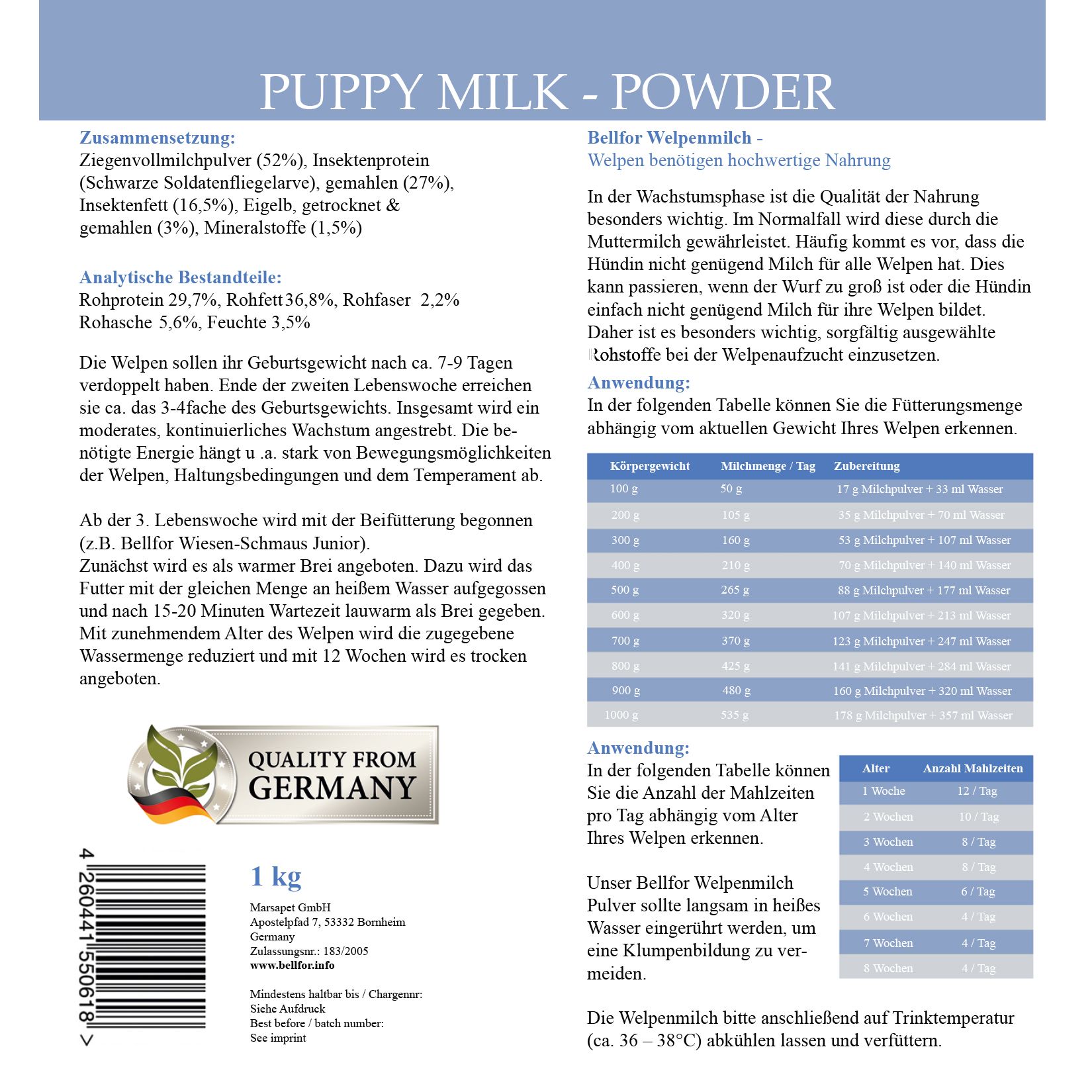 Bellfor Pulver Welpenmilch von Bellfor Hundefutter - ideale Muttermilchersatz für Welpen