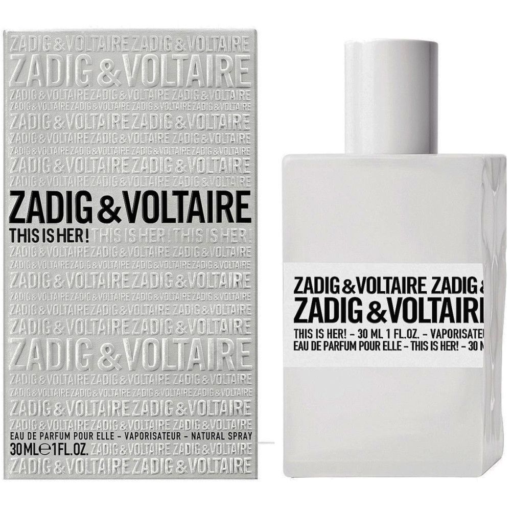 Weißer Flakon und Verpackung von Zadig & Voltaire. Aufschrift: This Is Her! Eau de Parfum Spray 30ml.