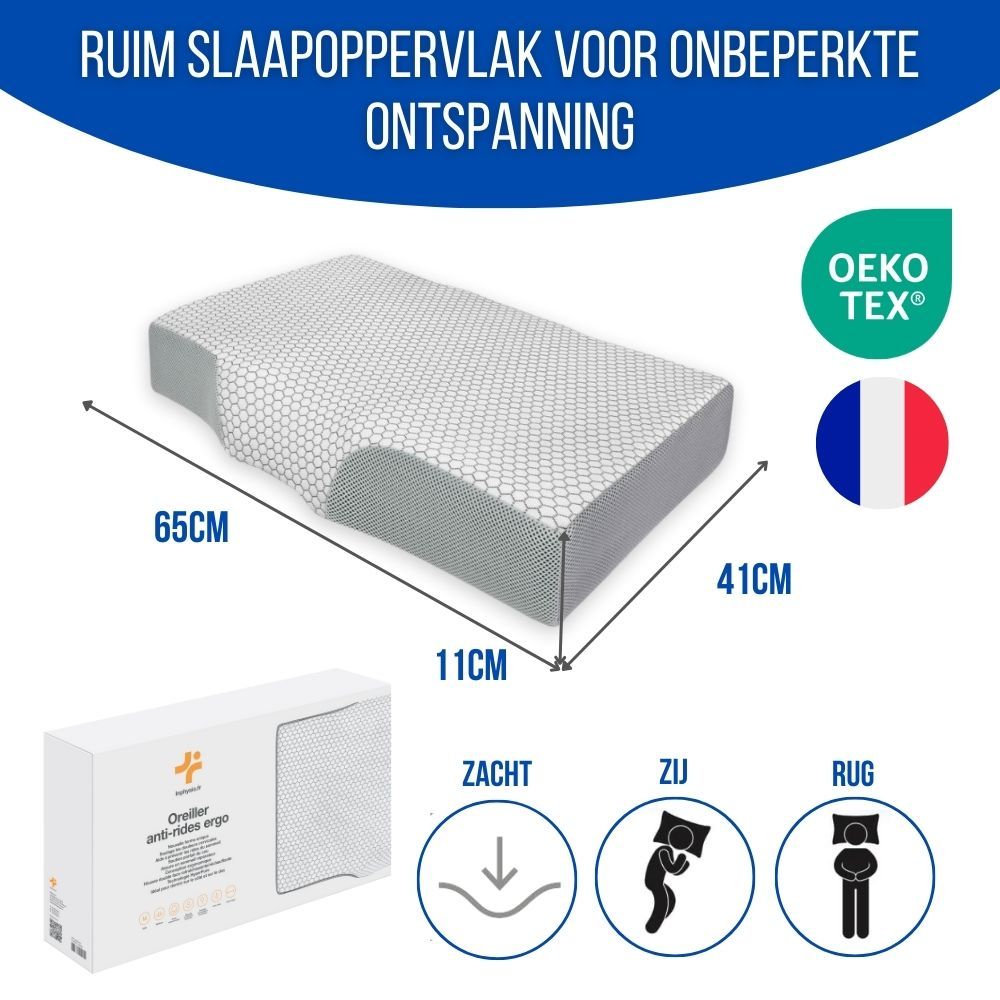 Ergonomisch kussen met tekst: 65cm x 41cm x 11cm. Oeko-Tex.
