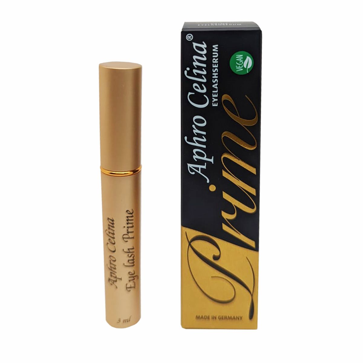 Sérum Aphro Celina Eyelash Prime. La bouteille dorée et l'emballage affichent le nom de la marque et du produit. L'emballage est noir et doré avec le sceau végétalien. La bouteille indique 3 ml.
