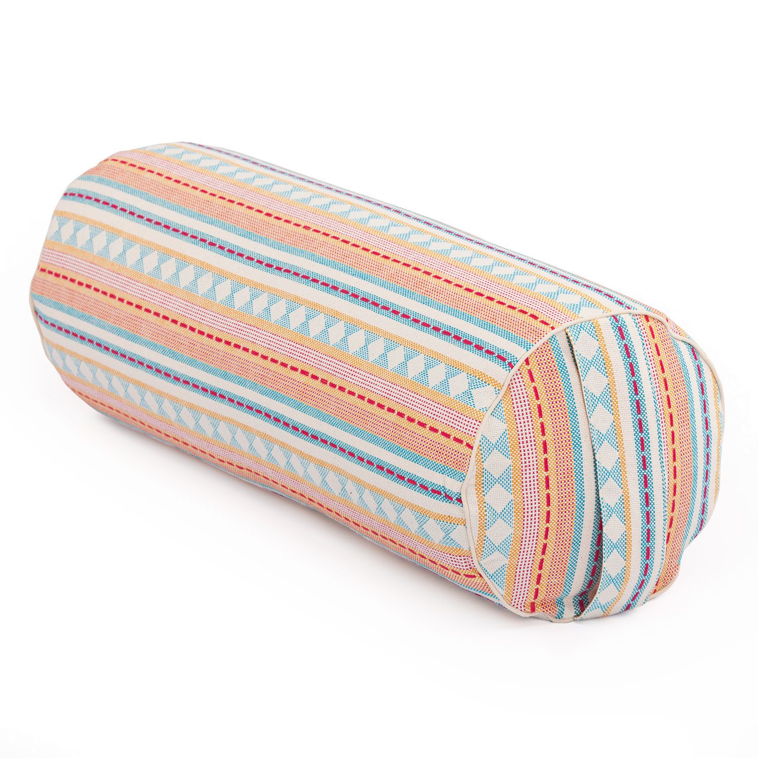 Ethno Collection: Yoga-Bolster (rund), Jacquard-Webstoff, apricot-hellblau gem., Dinkelhülsen