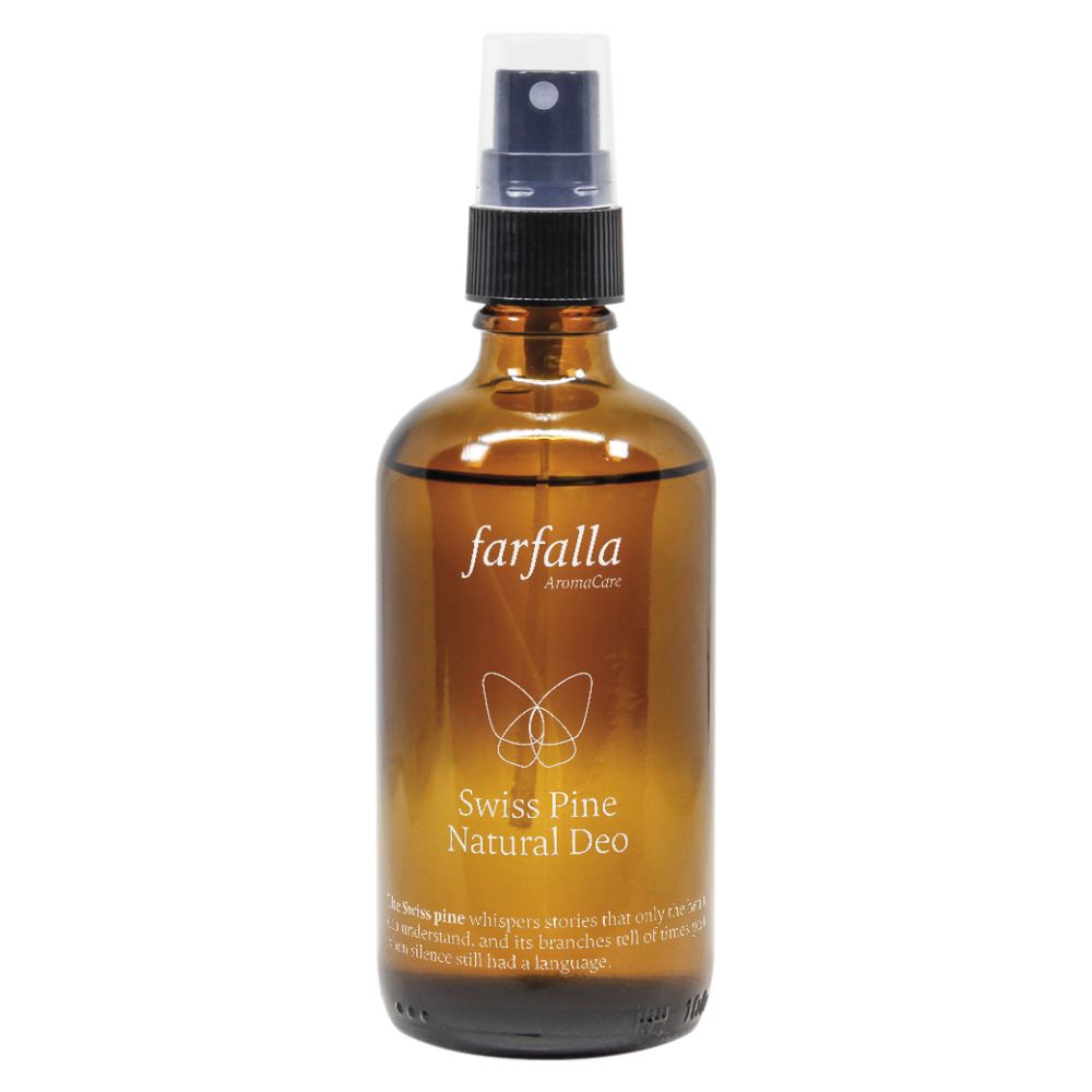 Braune Glasflasche mit Zerstäuber. Aufschrift: farfalla, Swiss Pine Natural Deo. Mit Schmetterlings-Logo.
