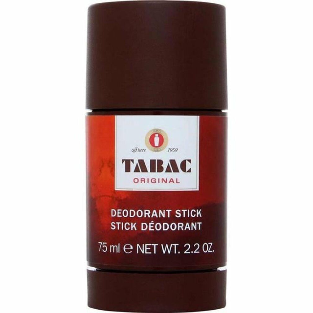 Deo-Stick Tabac Original. Braune Verpackung mit weiß-rotem Etikett. Text: Deodorant Stick, 75 ml.