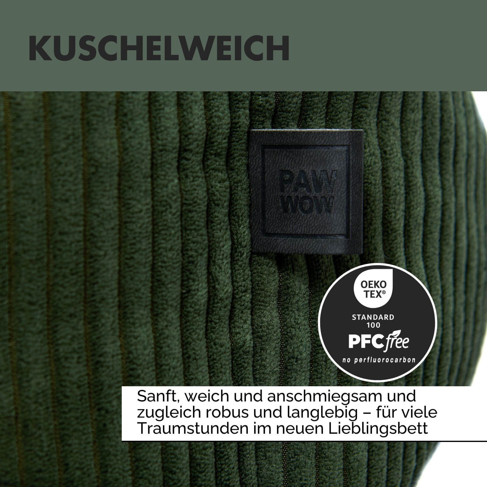 Nahaufnahme des grünen Hundebetts mit Kordstruktur. PAW WOW-Logo und Oeko-Tex-Zertifizierung.