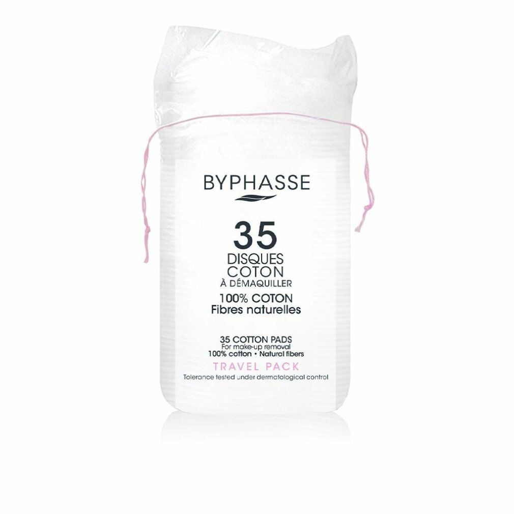 Verpackung mit Wattepads. Aufschrift: Byphasse, 35 Disques coton à démaquiller, 100% Coton, Fibres naturelles. Travel Pack.