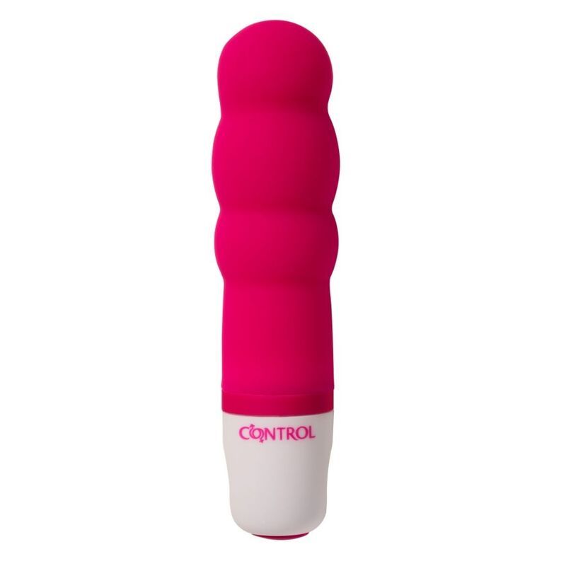 Pinker Mini-Stimulator mit geripptem Silikonschaft und weißem Griff.