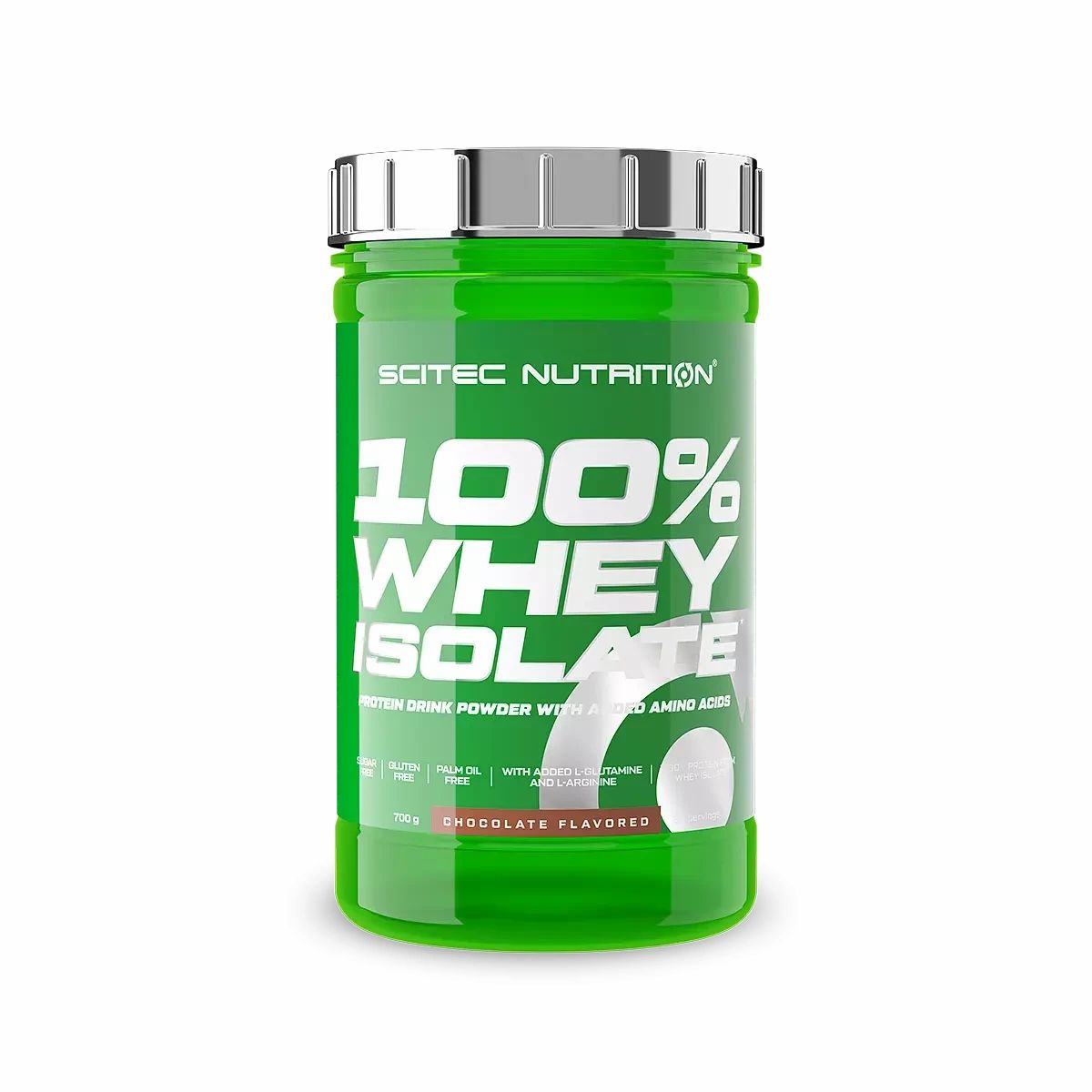 Grünes Scitec Nutrition Whey Isolate-Behälter. Weißer Schriftzug: 100% Whey Isolate. Deckel silberfarben. Schokoladengeschmack.