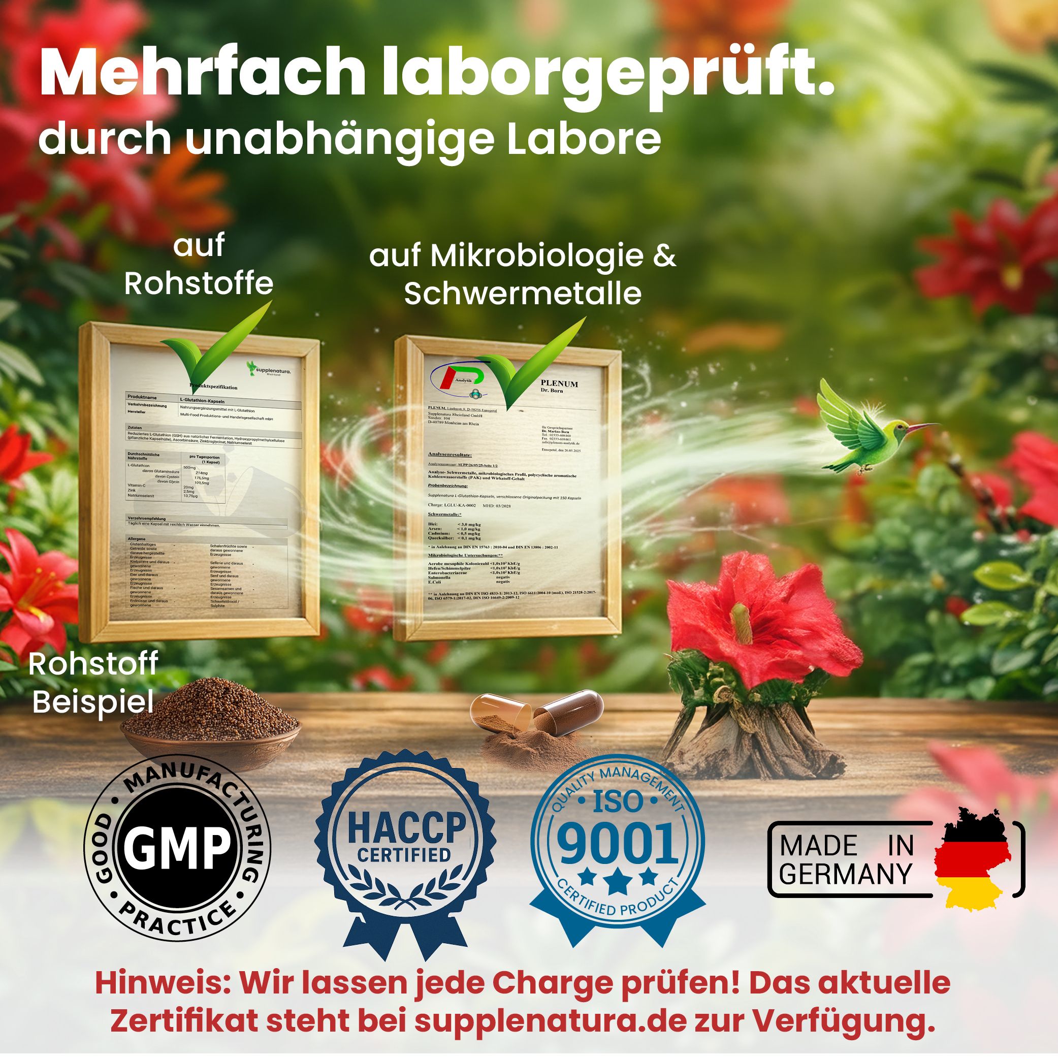 Zertifikate und Qualitätssiegel. Logos: GMP, HACCP, ISO 9001, Made in Germany. Rohstoffbeispiel und Blüten.