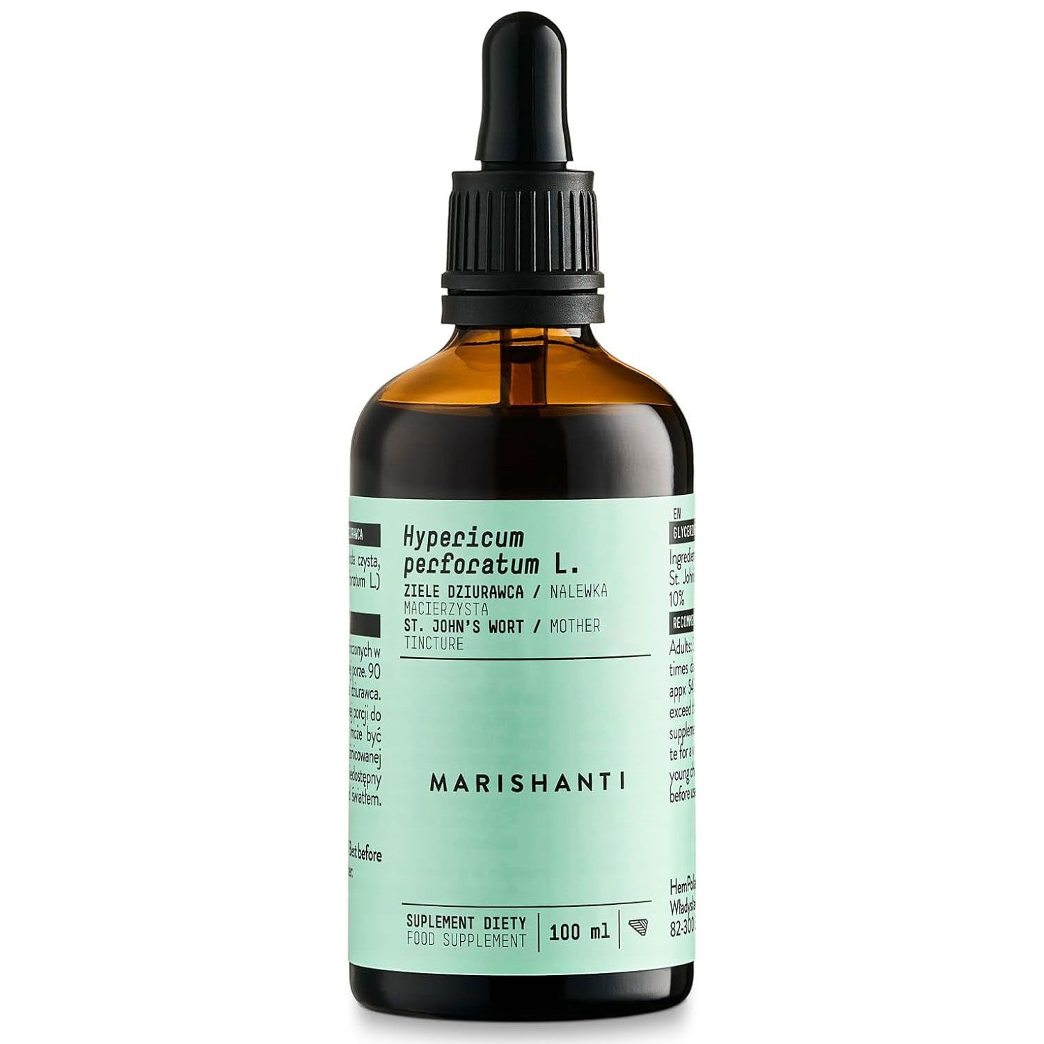 Braune Flasche mit Tropfer. Text: Hypericum perforatum L., Marishanti, 100 ml.