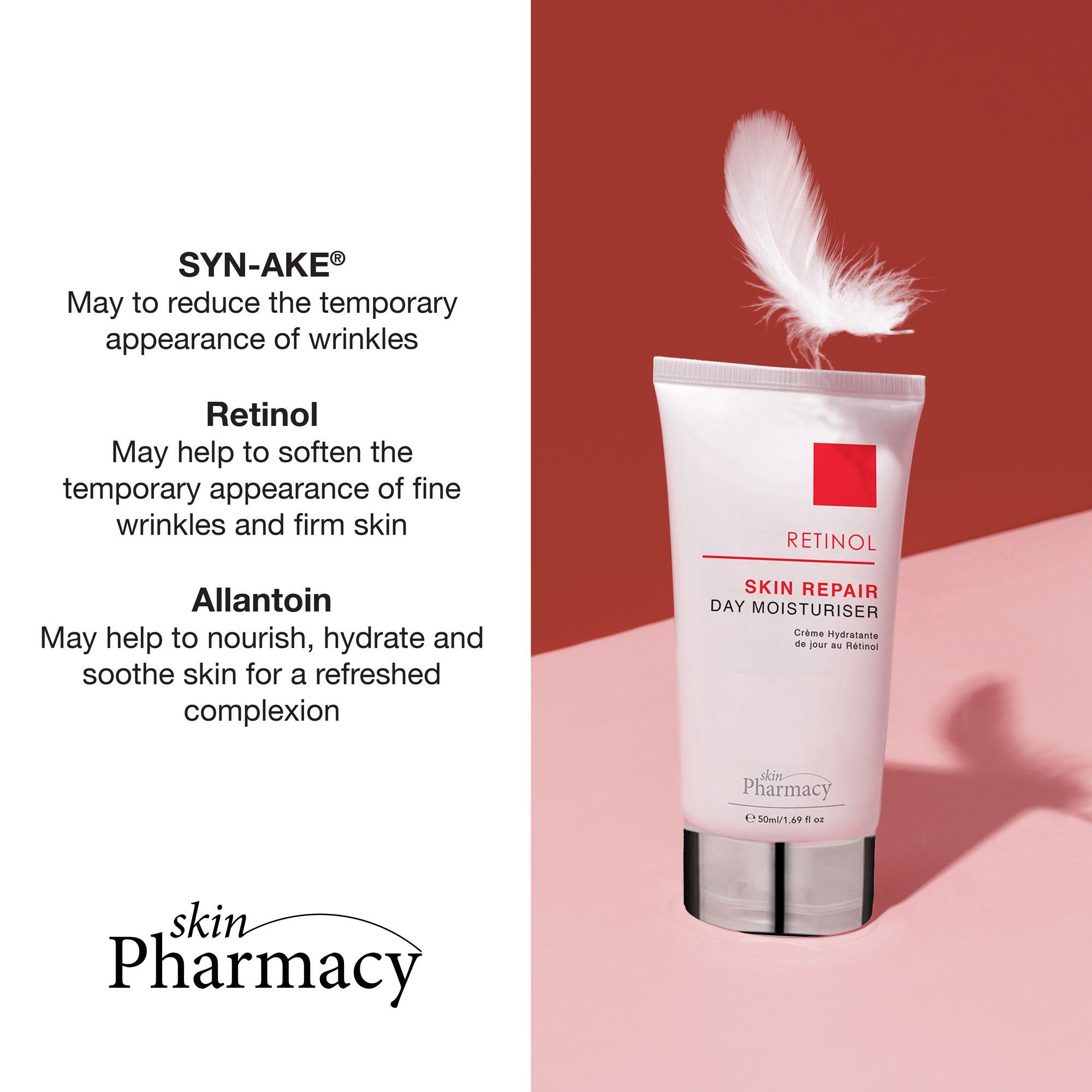 Weiße Tube mit rotem Quadrat und Aufschrift Retinol Skin Repair Day Moisturiser. Feder daneben. SkinPharmacy Logo.