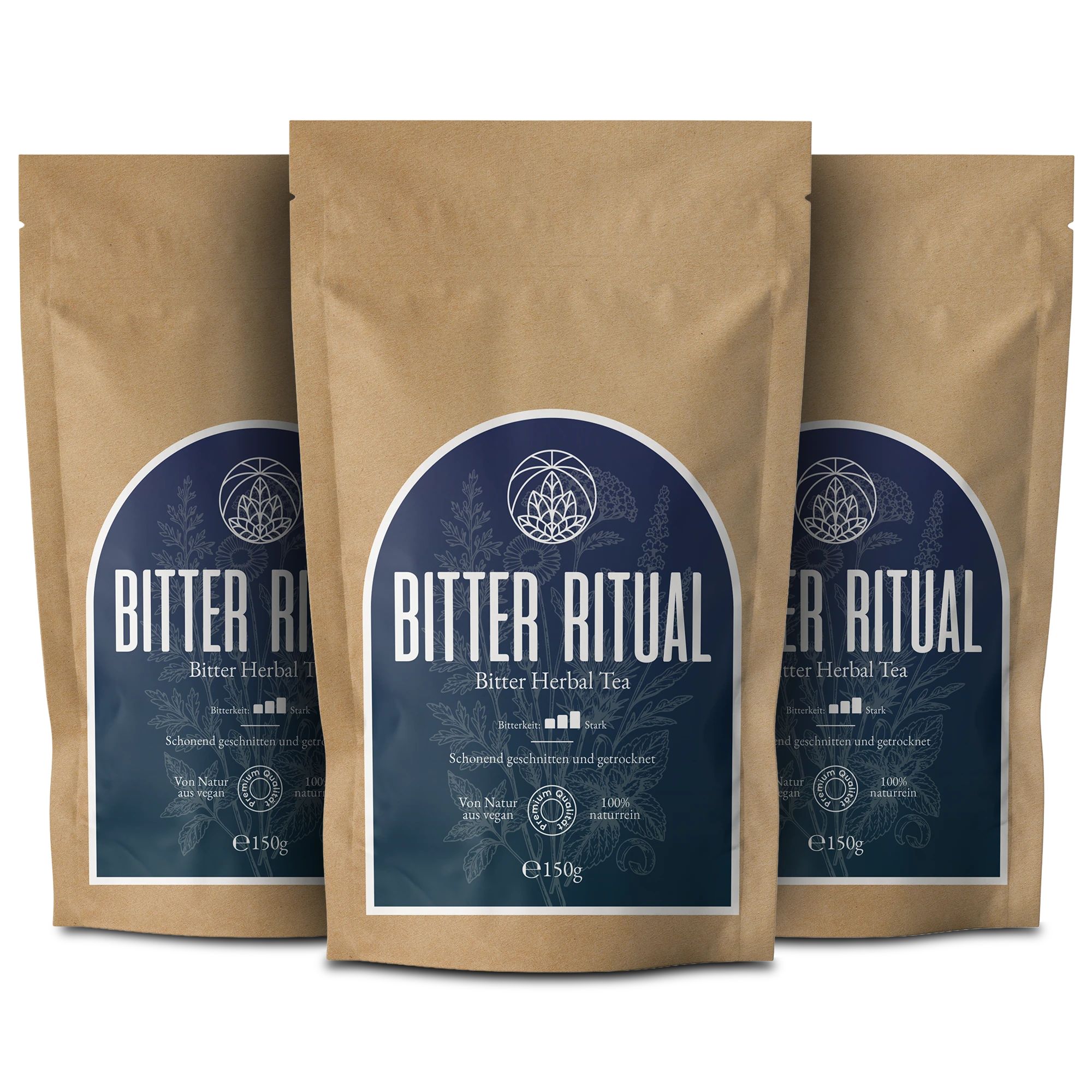Drei Beutel Bitter Ritual Tee. Braune Verpackung mit blauem Etikett. Text: Bitter Ritual, 150g.