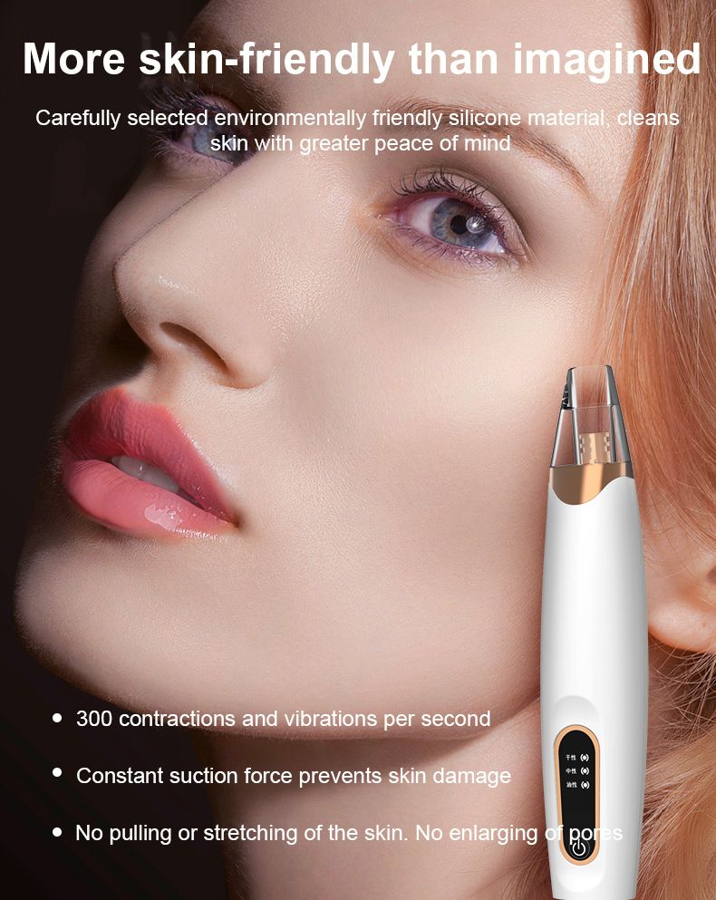 ErthSkin London Gerät zur Tiefenreinigung der Poren. Weiß mit goldenen Akzenten. Auf Gesicht platziert. Text: More skin-friendly than imagined.