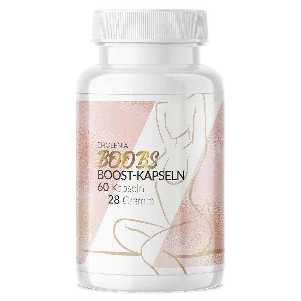 Weiße Kapsel-Dose mit Aufschrift "Enolenia Boobs Boost-Kapseln". Enthält 60 Kapseln, 28 Gramm. Abbildung einer Frau.