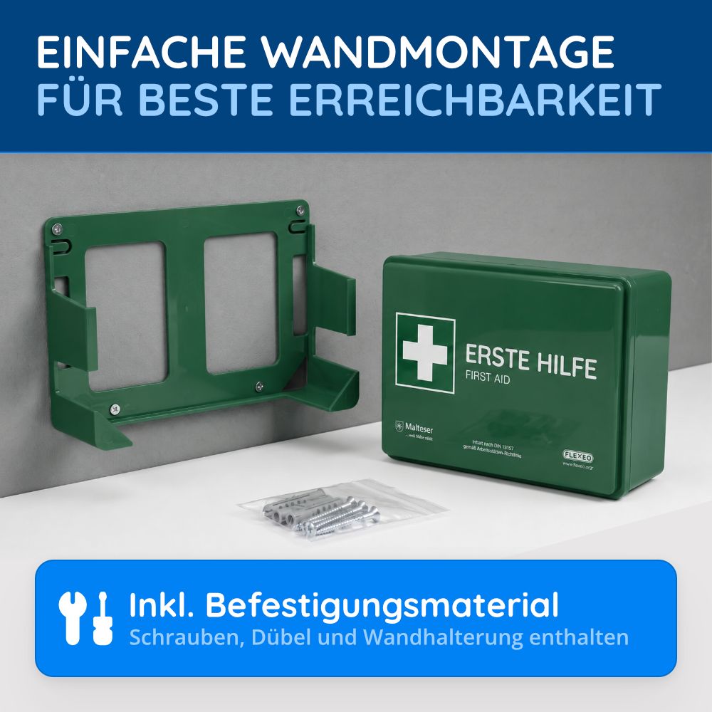 Erste-Hilfe-Kasten mit Wandhalterung und Befestigungsmaterial. Einfache Montage.