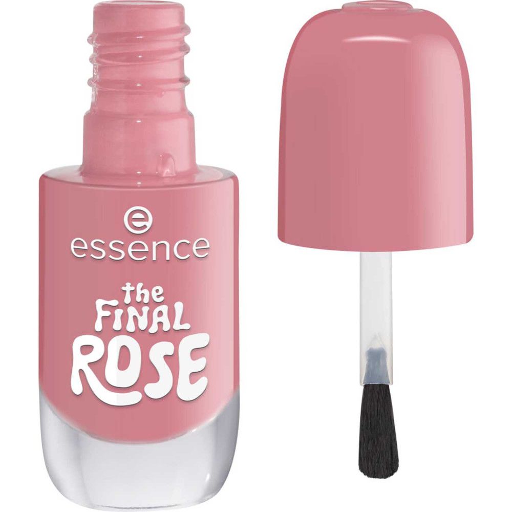 Nagellackflasche, rosa, geöffnet. Bürste sichtbar. Aufschrift: essence, the FINAL ROSE.