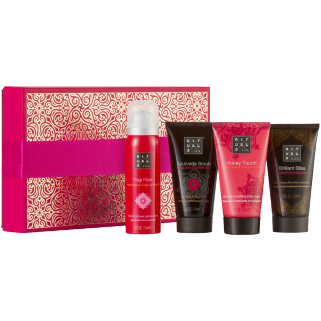 Geschenkset mit vier Produkten und einer Schachtel. Enthalten sind: Yogi Flow, Ayurveda Scrub, Honey Touch und Brilliant Bliss. Rosa und goldfarbene Verpackung.