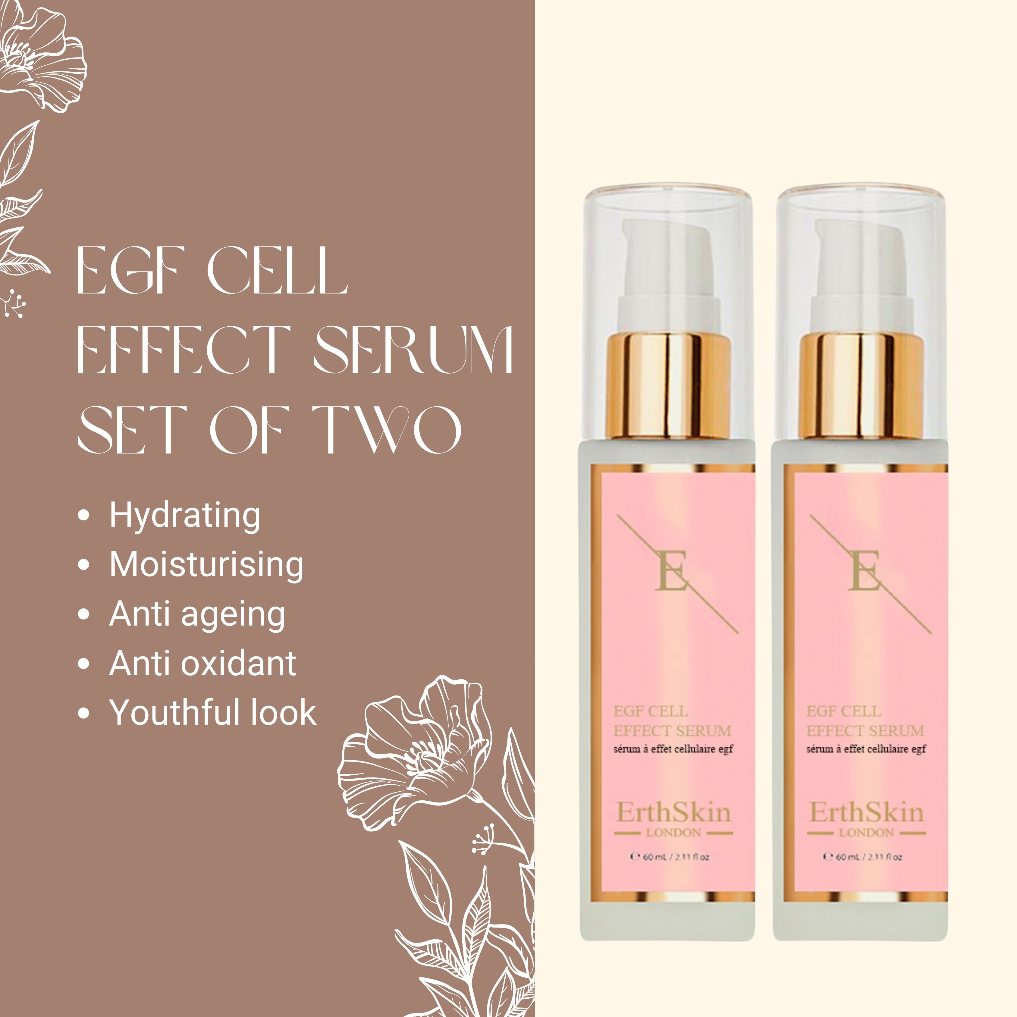 Set van twee ErthSkin London EGF ZELL EFFEKTSERUM flessen. Roze etiketten met tekst. Gouden pompkopjes en transparante doppen. Tekst: EGF CELL EFFECT SERUM.