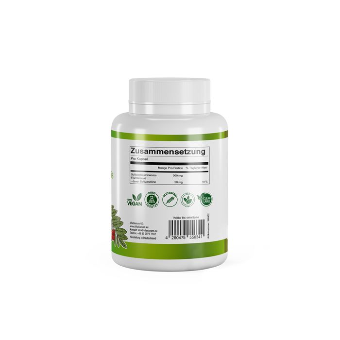 Weiße Flasche mit grünem Etikett. Aufschrift: Zusammensetzung, vegan, glutenfrei, GMO-frei. Barcode.