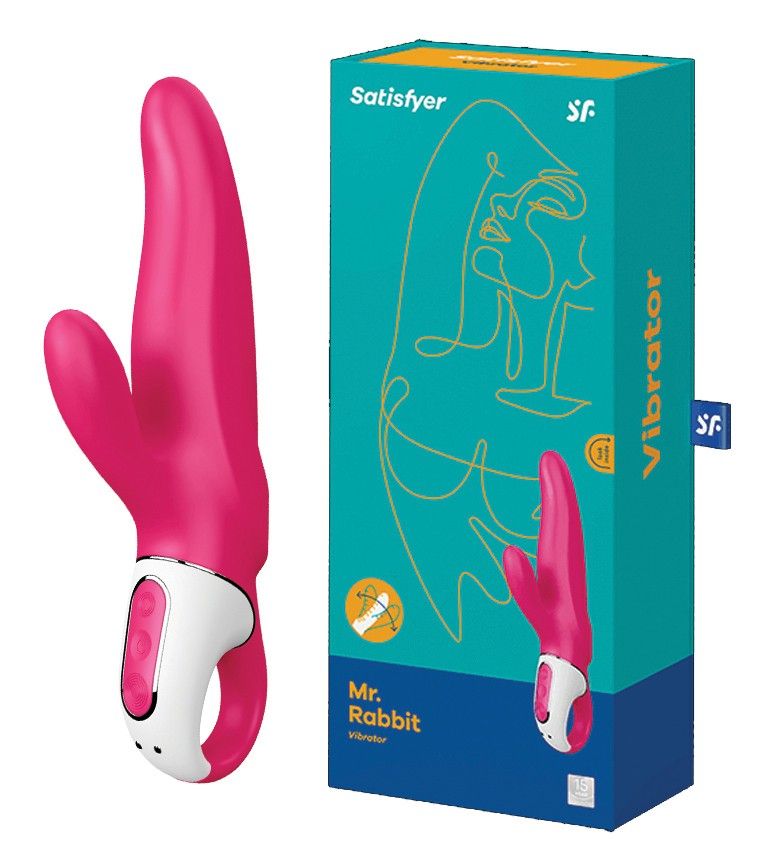 Verpackung von Satisfyer Vibrator. Produktname: Mr. Rabbit. Türkis-farbener Hintergrund.