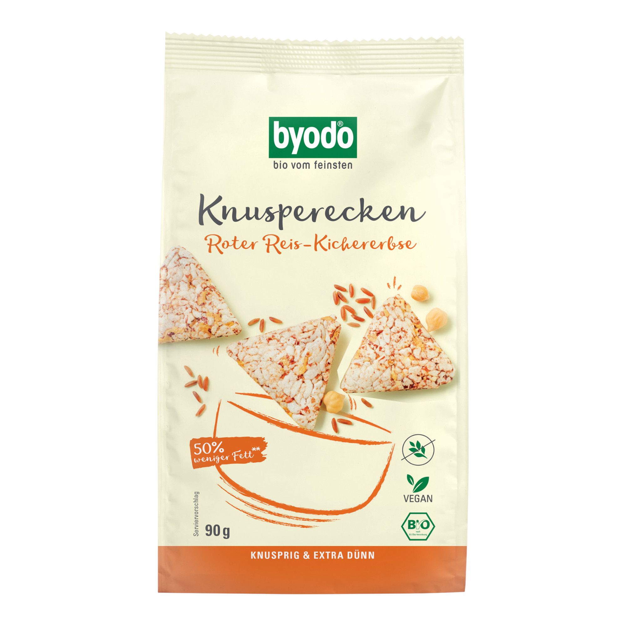 Byodo Knusper-Ecken Roter Reis-Kichererbse, 90g Beutel. Vegan, Bio-zertifiziert.