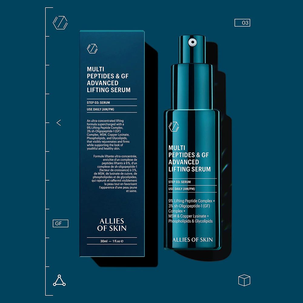 Serumflasche und Verpackung. Aufschrift: Multi Peptides & GF Advanced Lifting Serum. Marke: ALLIES OF SKIN. 30ml.