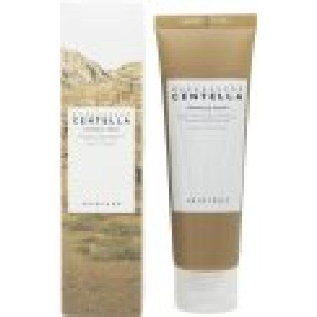 Produkt und Verpackung. Text: MADAGASCAR CENTELLA, AMPULE FOAM, SKIN1004. Hintergrund: Landschaft.