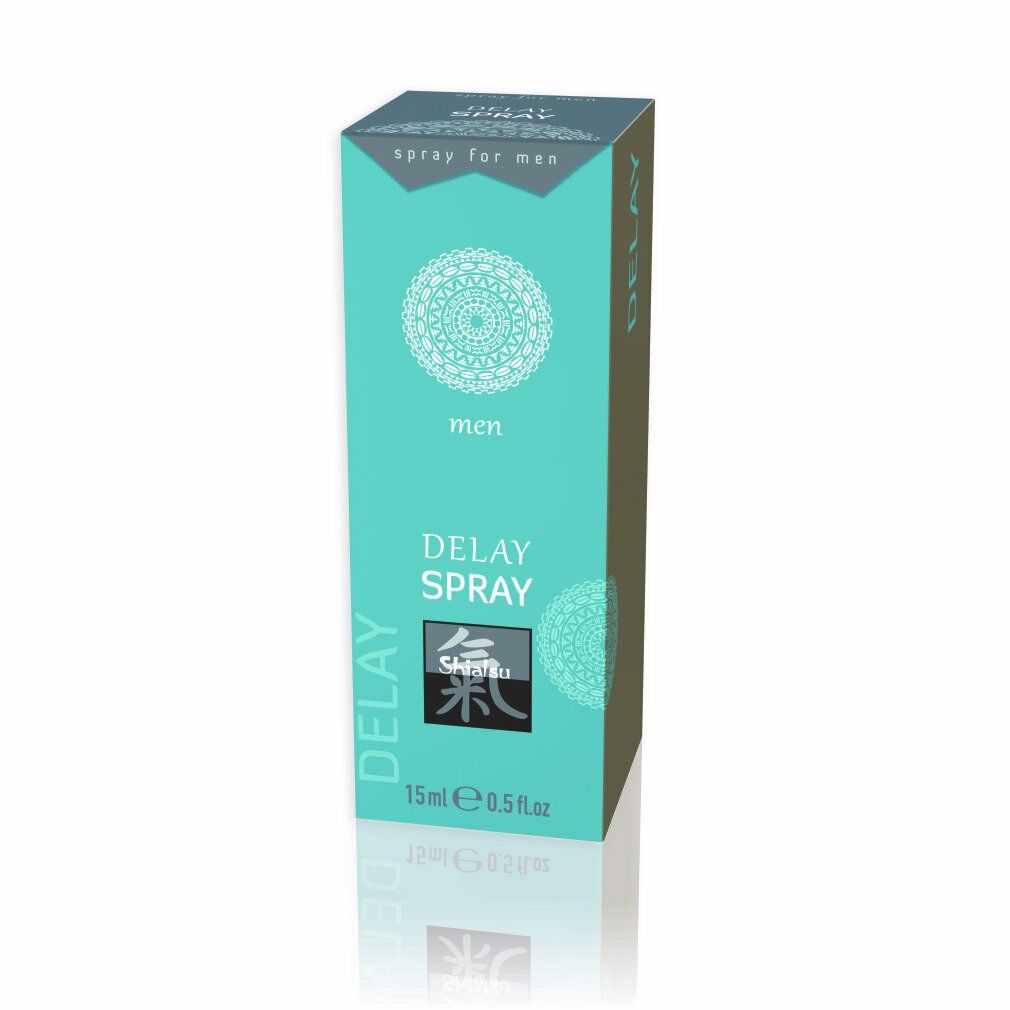 Verpackung. Aufschrift: Delay Spray, Shiatsu, 15 ml. Verpackung in Blau und Weiß. Text: spray for men.