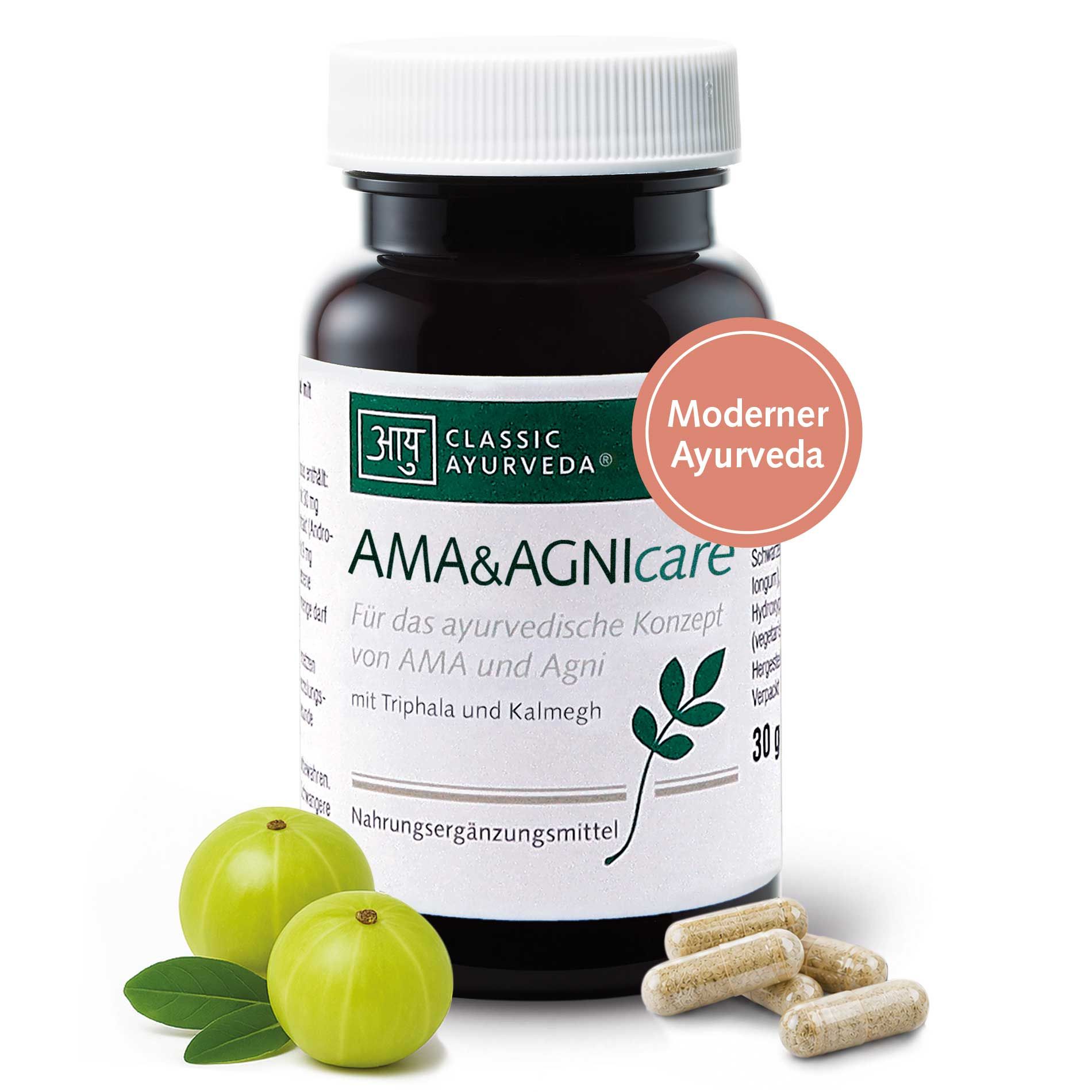 Flasche AMA&AGNIcare Nahrungsergänzungsmittel mit Kapseln und Früchten.