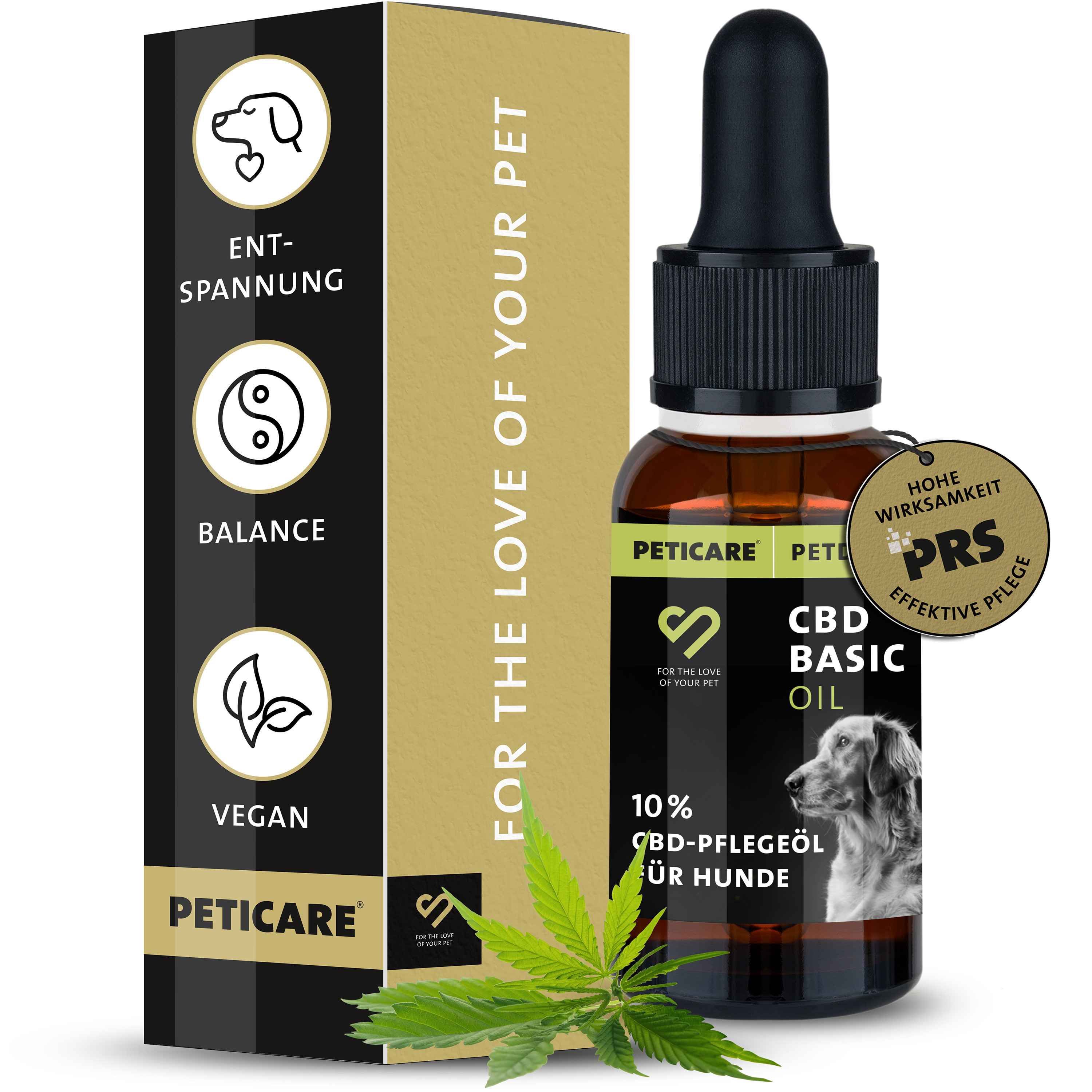 Braune Flasche mit Tropfer und Verpackung. Aufschrift: CBD Basic Oil, 10% CBD-Pflegeöl für Hunde. Vegan, Entspannung, Balance.
