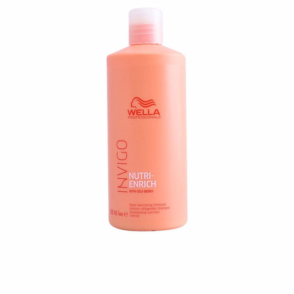 Lachsfarbene Shampoo-Flasche mit weißem Deckel. Aufschrift: Invigo Nutri-Enrich, Wella Professionals, mit Goji-Beere. 500 ml.