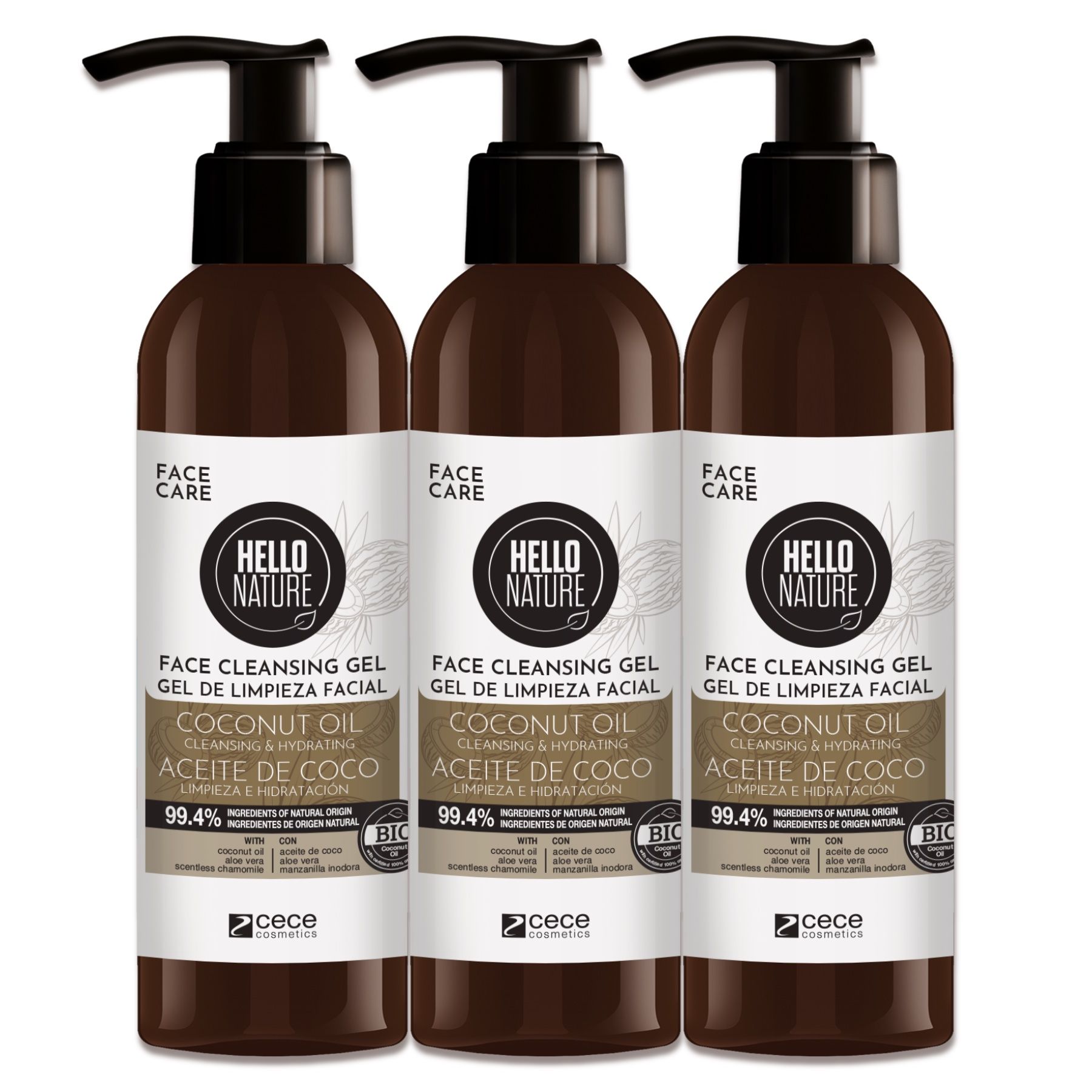 Drei Flaschen Gesichtsreinigungsgel mit Kokosöl. Logo Hello Nature. Braune Flaschen mit Pumpe.