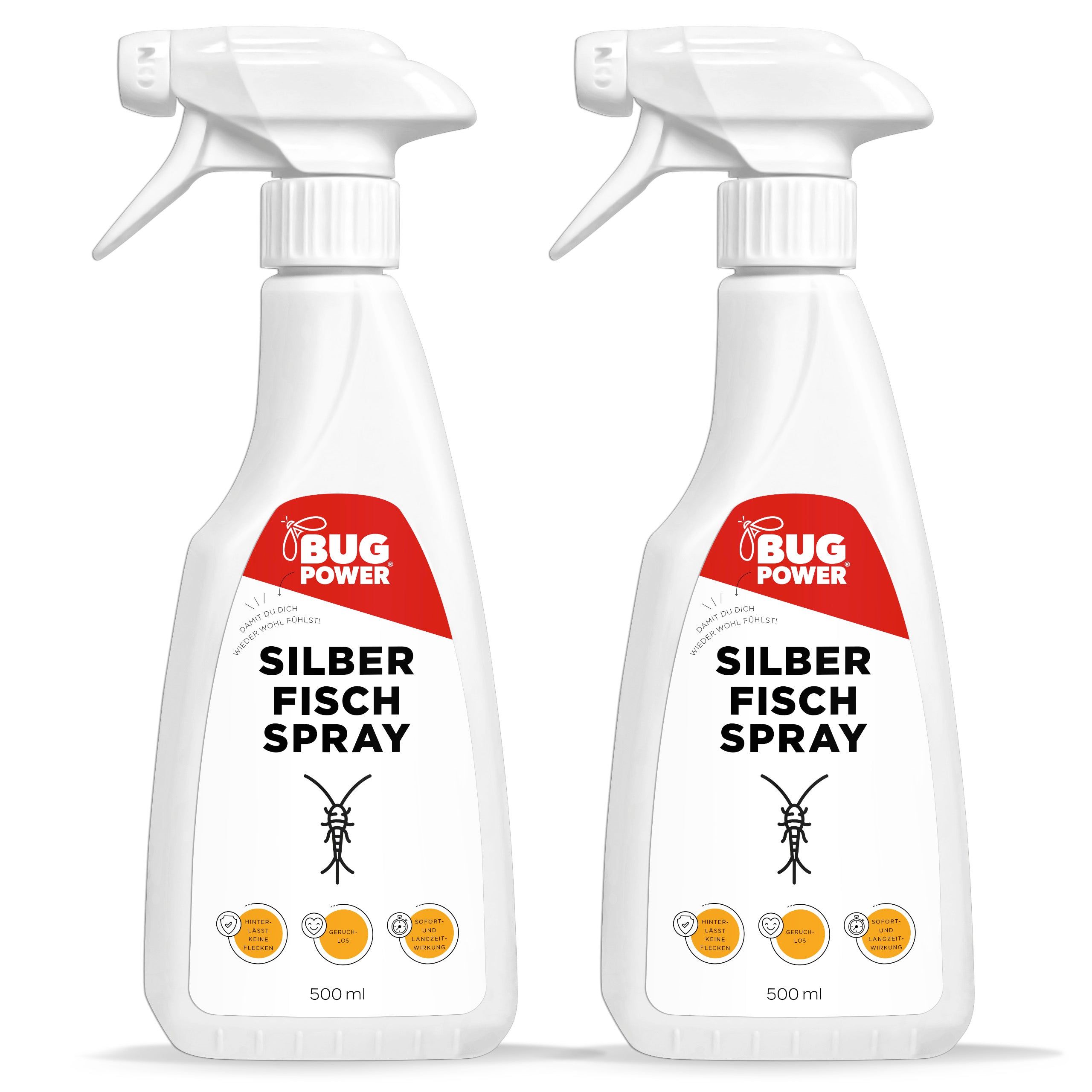 Zwei weiße Sprühflaschen mit rotem Etikett. Aufschrift: Bug Power Silberfisch Spray. 500 ml.