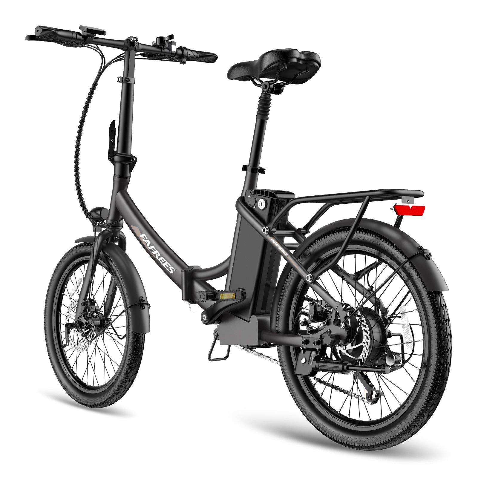 Schwarzes Falt-E-Bike mit Gepäckträger, Rücklicht und Akku. Marke FAFREES.